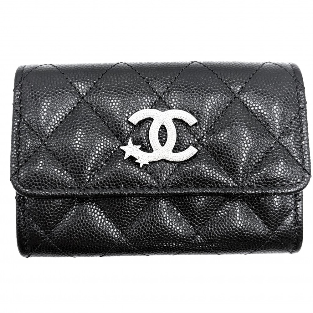 CHANEL シャネル コインケース カードケース マトラッセ ココマーク スター 星 小銭入れ 小物 AP3400  キャビアスキン  ラインストーン  ブラック 黒 シルバー金具 レディース 美品【中古品】