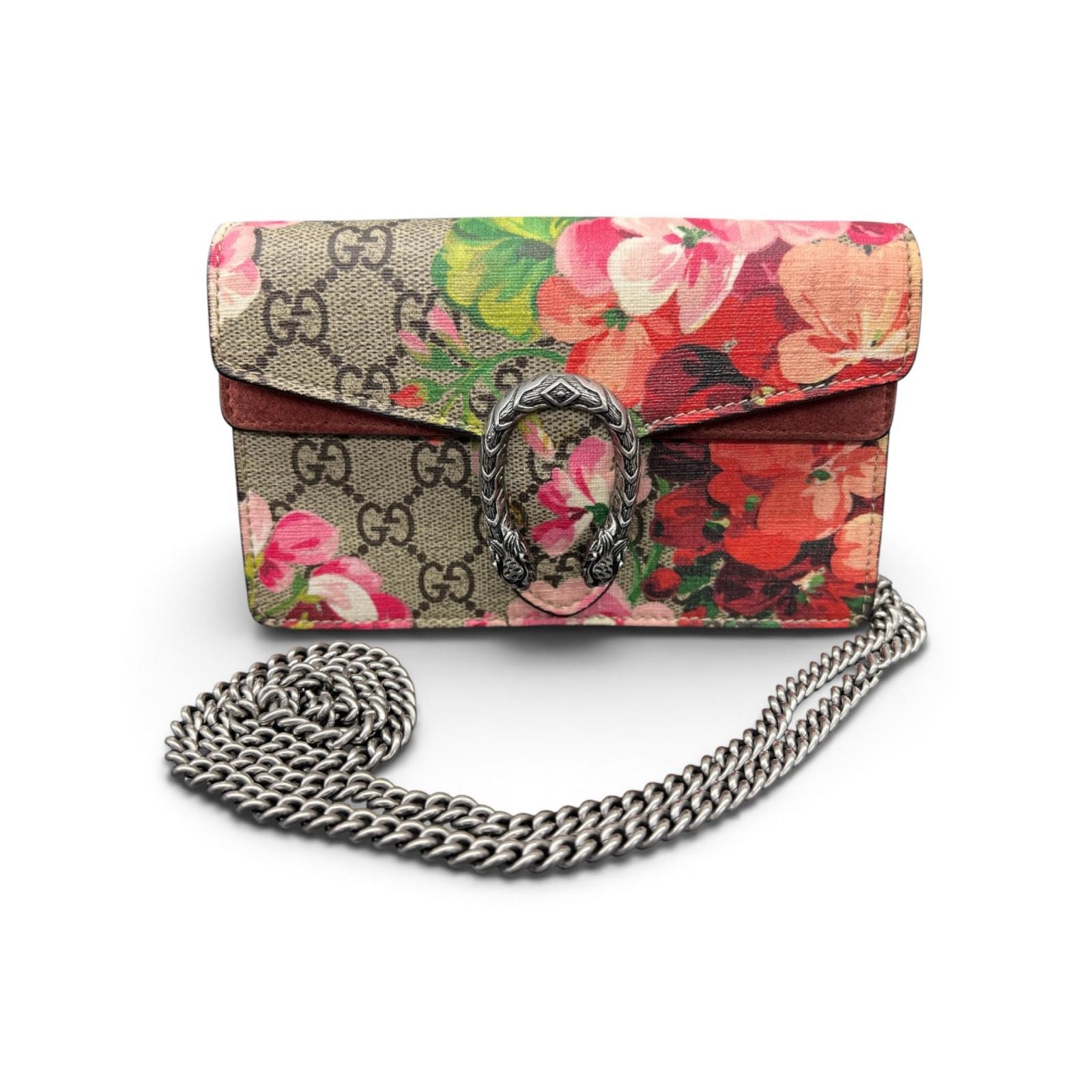 GUCCI 希少 美品 グッチ ディオニュソス スーパーミニバッグ GGブルームス チェーンショルダーバッグ 476432 PVC レザー ベージュ ピンク ポシェット 花柄 GGスプリーム GGプラス ABランク 中古 鑑定済 グッチバッグ