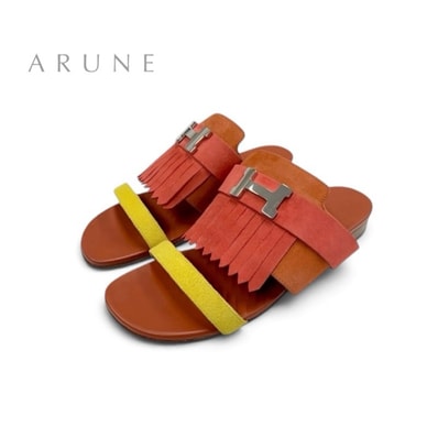 エルメス HERMES コラリア サンダル 靴 シューズ スエード レッド オレンジ イエロー フラット ミュール H金具 フリンジ