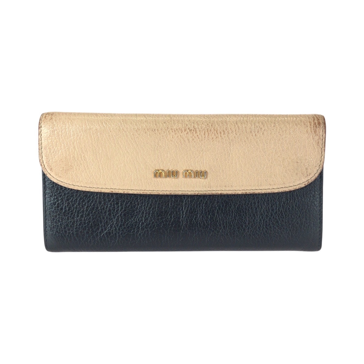 MIUMIU ミュウミュウ バイカラー ベージュ ブラック ゴールド金具 レザー 長財布 ロングウォレット 601068 【中古】