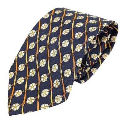 CHANEL シャネル チェーン 花柄 シルク ネクタイ ネイビー 正規品 / 53498