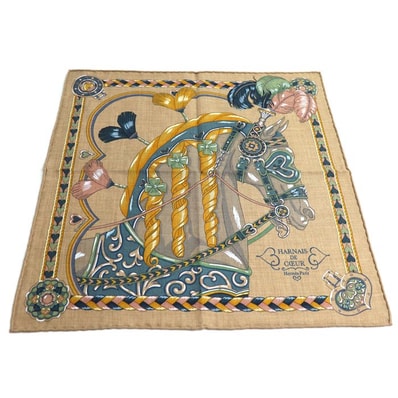 HERMES エルメス カレ45ガヴロッシュ HARNAIS DE COEUR アルネドゥクール スカーフ キャラメル / モルドレ / グリーン H744173S 05 レディース【中古】【美品】