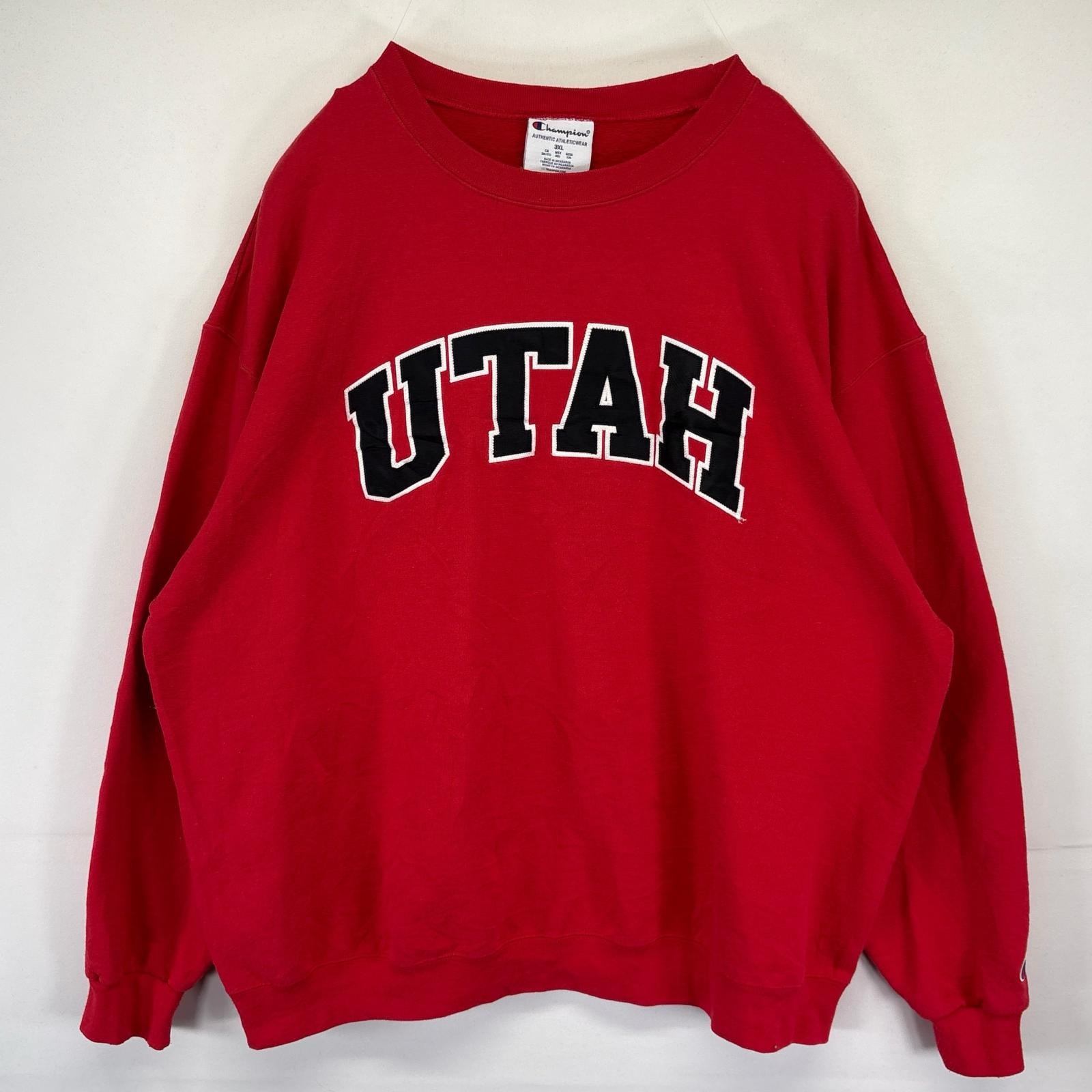 古着 チャンピオン Champion スウェット トレーナー クルーネック プルオーバー ユタ UTAH ワッペン 大きいサイズ 3XL レッド メンズ