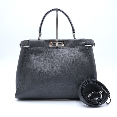 FENDI(フェンディ)セレリア ピーカブー ミディアム 2WAY ハンドバッグ ショルダーバッグ グレー レザー ハンドステッチ シルバー金具 8BN290【中古】