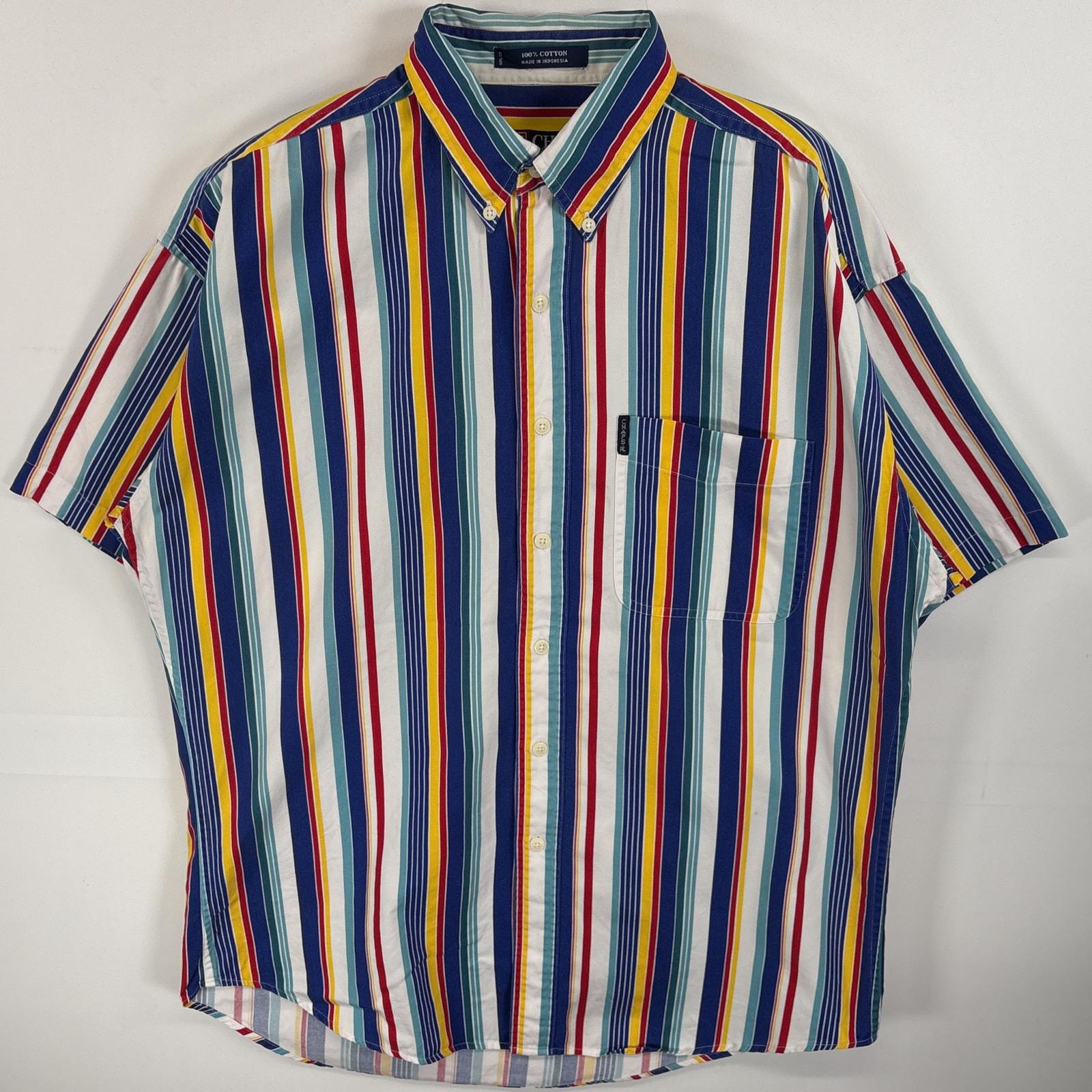 古着 90's/90年代 チャップスラルフローレン CHAPS RALPHLAUREN 半袖シャツ ボタンダウンシャツ ワンポイント ロゴ ストライプ M  ホワイト系 マルチカラー メンズ