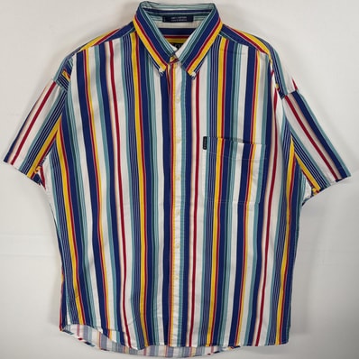 古着 90's/90年代 チャップスラルフローレン CHAPS RALPHLAUREN 半袖シャツ ボタンダウンシャツ ワンポイント ロゴ ストライプ M ホワイト系 マルチカラー メンズ