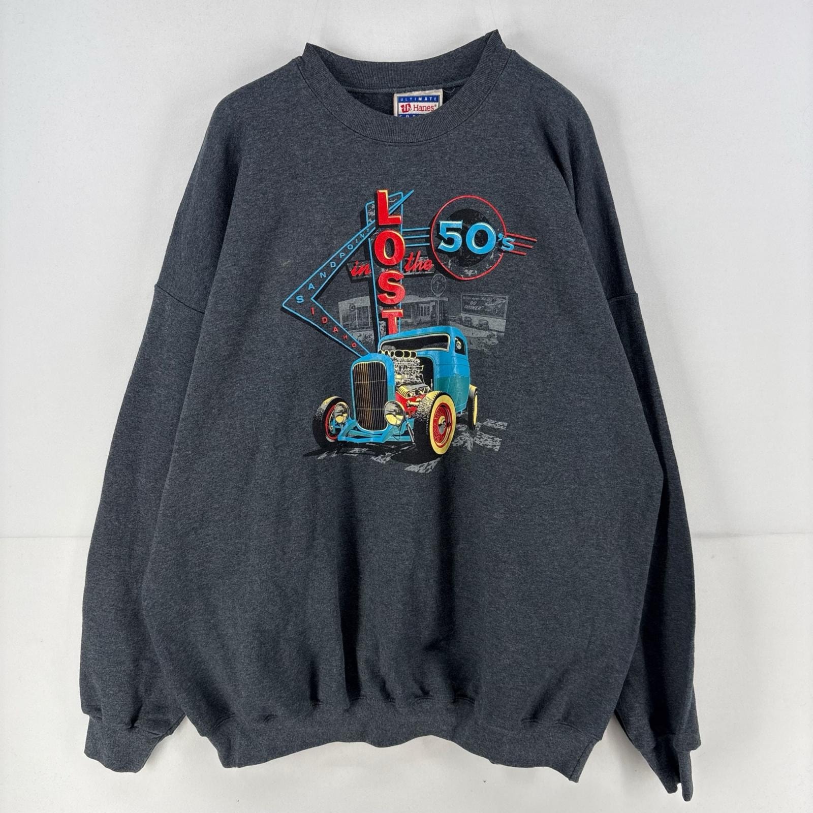 古着 ヘインズ Hanes スウェット ロゴ クラシックカー バックプリント クルーネック トレーナー 大きいサイズ 2XL グレー メンズ