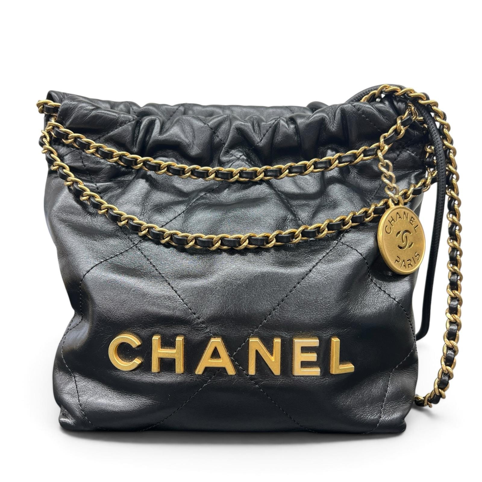 CHANEL 極美品 シャネル22 2way ミニハンドバッグ チェーンショルダーバッグ AS3980 カーフスキン レザー ブラック ゴールド金具 ホーボーバッグ ポシェット 巾着 ココマーク Aランク 鑑定済 中古 シャネルバッグ