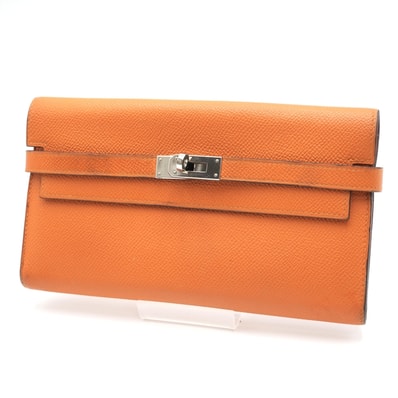 HERMÈS(エルメス)ケリーウォレット ロング 長財布 ヴォーエプソン オレンジ ピンク シルバー金具 レディース【中古】