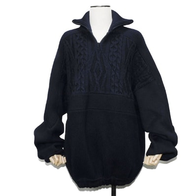 BALENCIAGA バレンシアガ オーバーサイズ ミックス ハーフジップ セーター XS ケーブル ハイネック リブ ロゴ ネイビー ニット 534489 T1502 8065
