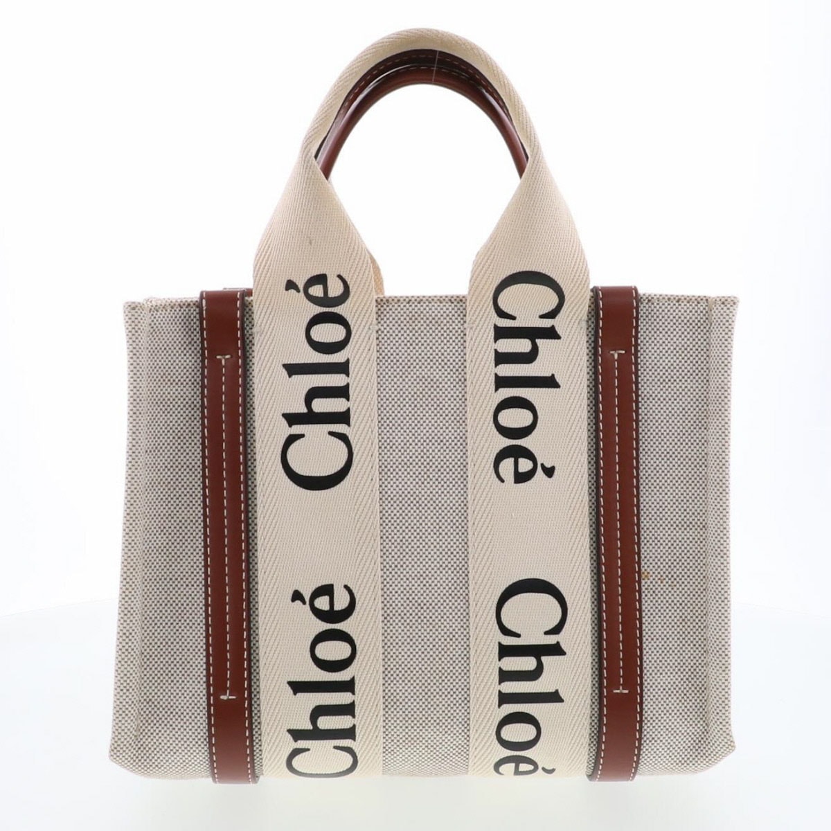 【値下げ】 Chloe クロエ ウッディ スモール トートバッグ CHC22A397 キャンバス カーフ ポリエステル ホワイト ブラウン レディース【中古】