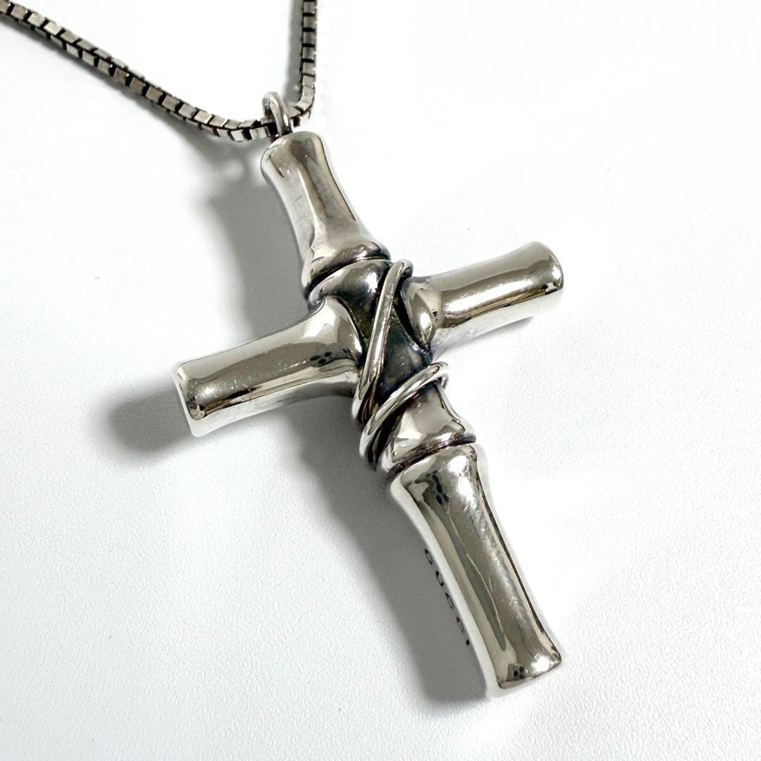 【美品】グッチ メンズ バンブー クロス ペンダント ネックレス シルバー 十字