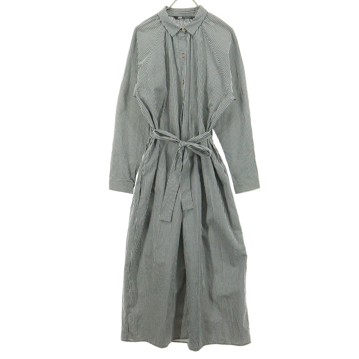 美品 ZARA ザラ ギンガムチェック柄 長袖 ロング シャツワンピース XS ブラック系