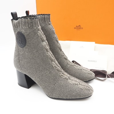 美品 HERMES エルメス ニット ヴォルヴェール ソックスブーツ 6.5 23.5 H221164Z ブーツ グレー ブラック ニット レディース
