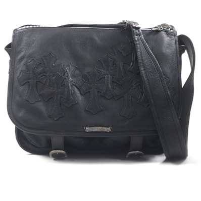 Chrome Hearts Leather Cemetery Cross Patch Large Soft Shoulder Bag "Black/Silver"
