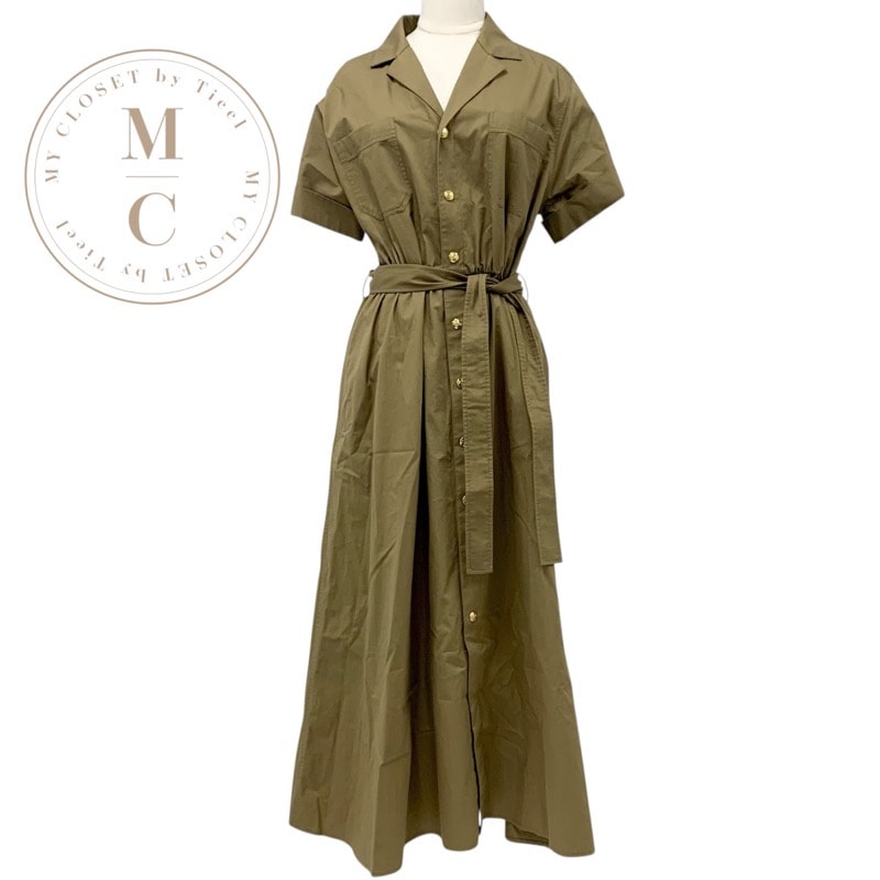 セリーヌ CELINE ワンピース コットン カーキ ゴールド サファリドレス ロゴ 半袖