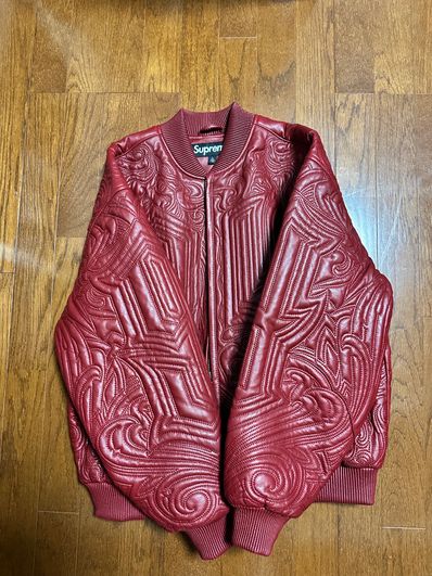 Supreme Mister Cartoon Embroidered Leather Jacket "Burgundy"
