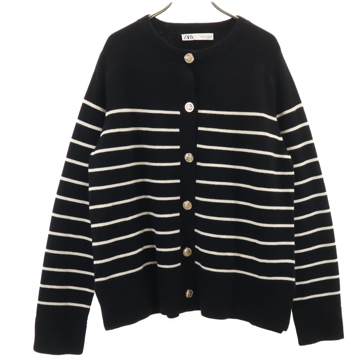美品 ZARA ザラ ボーダー柄 長袖 ニットカーディガン M ブラック