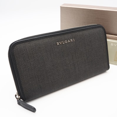 美品 BVLGARI ブルガリ ウィークエンド ラウンドファスナー長財布 32587 長財布 グレー ブラック コーティングキャンバス カーフレザー メンズ