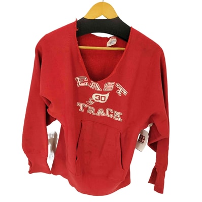 70S USA製 単色タグ REVERSE WEAVE EAST TRACK 3段プリント ダメージ加工 スウェット【1137237967345】