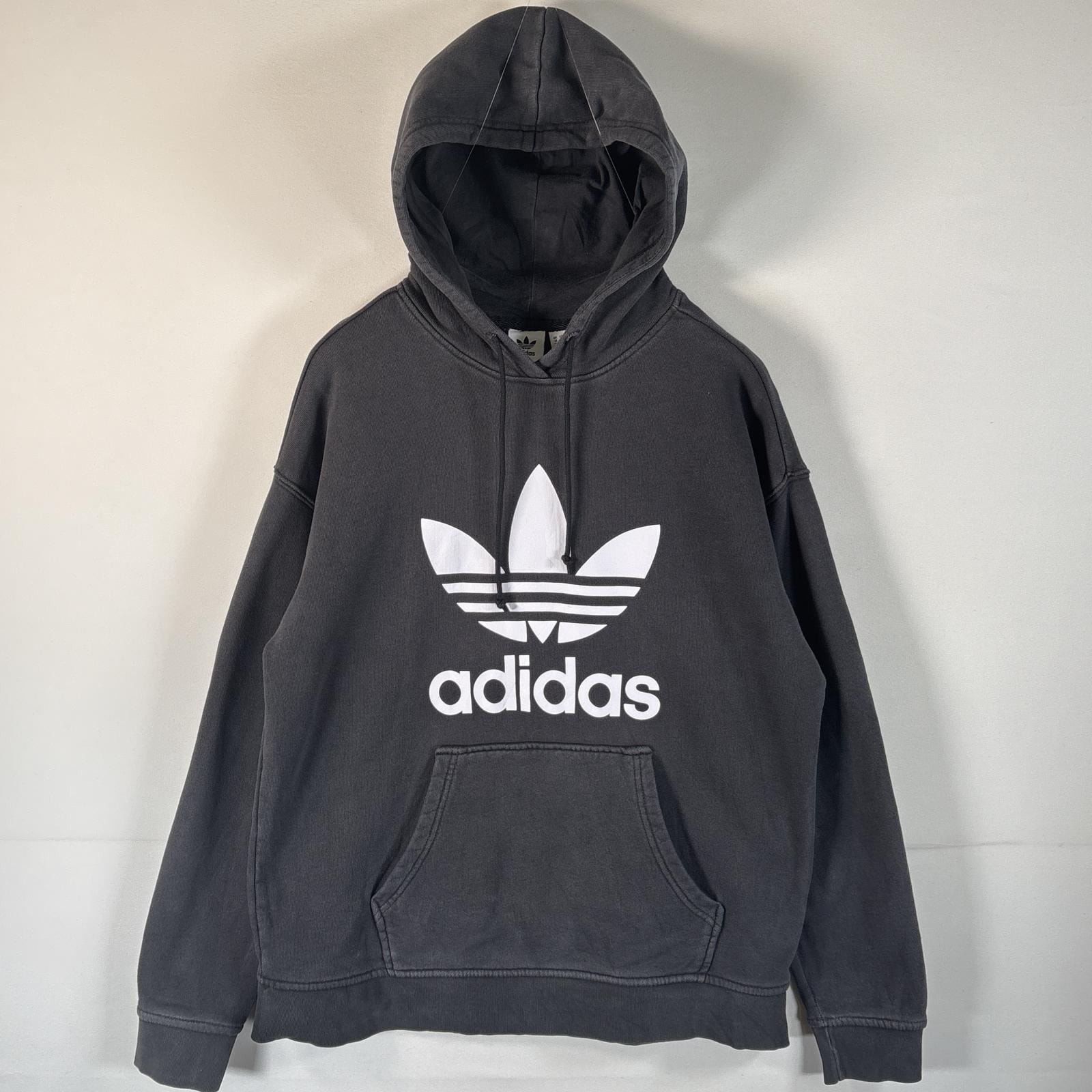 古着 アディダス adidas パーカー トレフォイルロゴ ビッグプリント プルオーバー 大きいサイズ フーディ 4XOT ブラック レディース