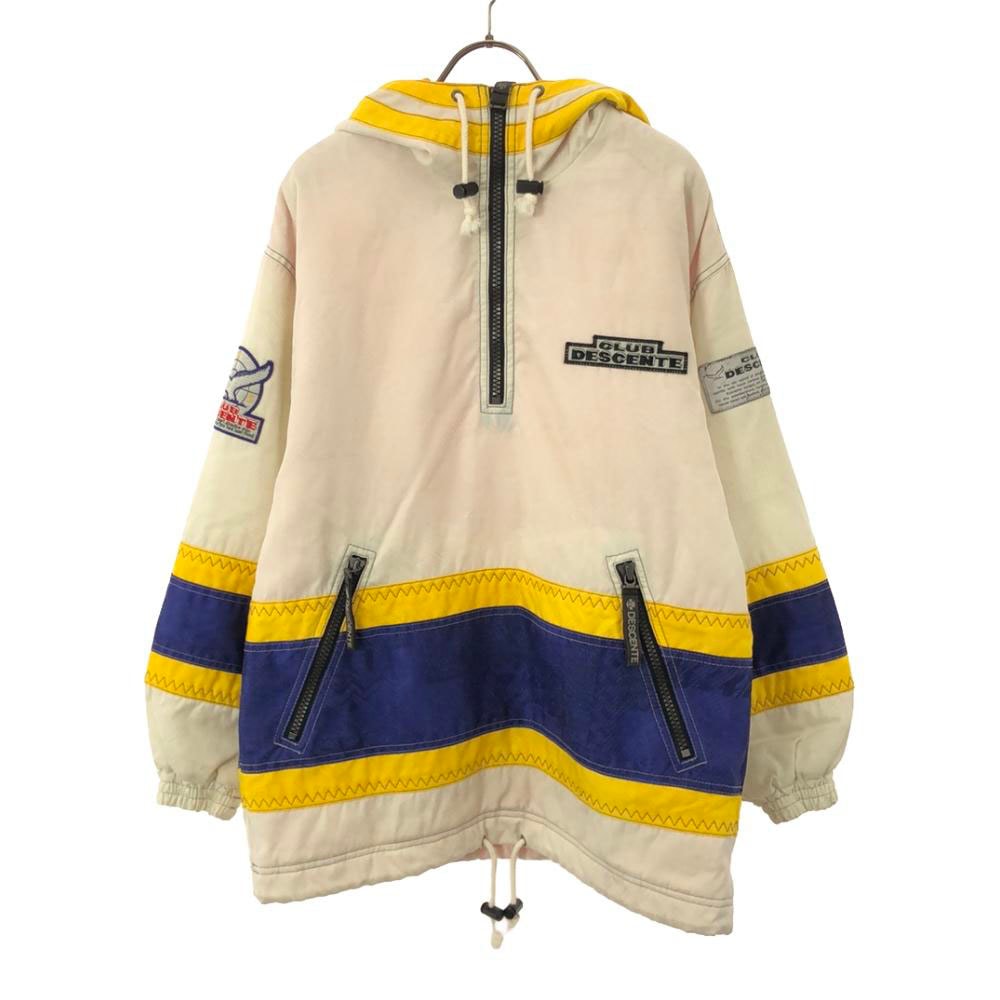 DESCENTE デサント 80s 90s 日本製 オールド ロゴワッペン ハーフジップ 中綿 フードジャケット S ホワイト系 裏地付 プルオーバー