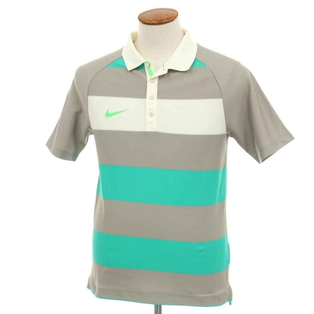 【中古】【未使用】ナイキ ゴルフ NIKE GOLF ドライフィット ポリエステル ボーダー 半袖ポロシャツ グレーxグリーン【サイズM】【メンズ】