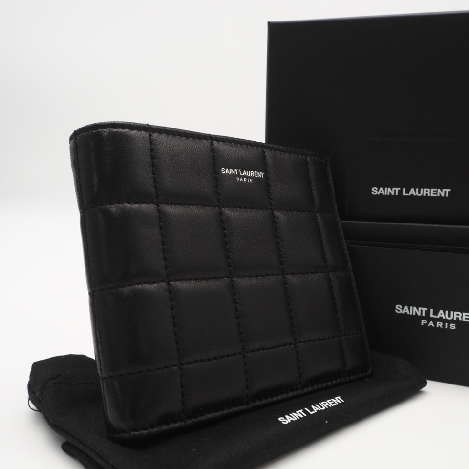 美品 SAINT LAURENT サンローラン カーフレザー キルティング ロゴ コンパクトウォレット 756284 二つ折り財布 ブラック カーフレザー メンズ