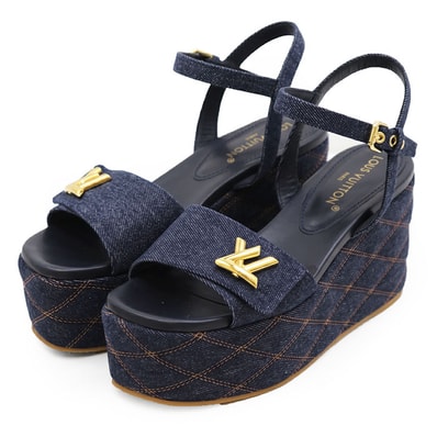 【美品】LOUIS VUITTON ルイ・ヴィトン サンダル デニム シェイク・ライン サイズ 40 レディース 2023年製 LV ロゴ チャーム スリングバック プラットフォーム 厚底 シューズ 靴 インディゴ イタリア製