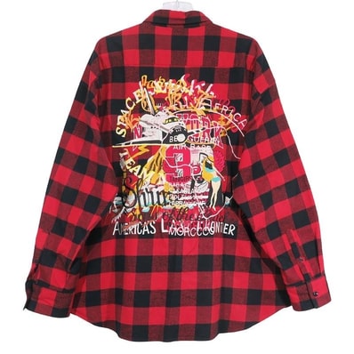 DOUBLET ダブレット CHAOS EMBROIDERY CHECK SHIRT 18AW14SH51 カオス 刺繍 チェック シャツ 長袖 レッド サイズM