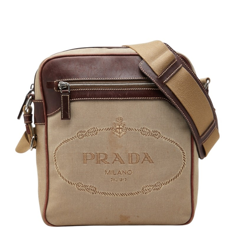 プラダ ロゴジャガード 斜め掛け ショルダーバッグ ベージュ ブラウン キャンバス レザー レディース PRADA 中古