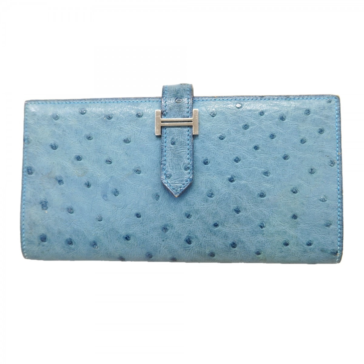 【6ee5644】エルメス 長財布 ベアンスフレ オーストリッチ アズール シルバー金具 □O刻印【中古】レディース