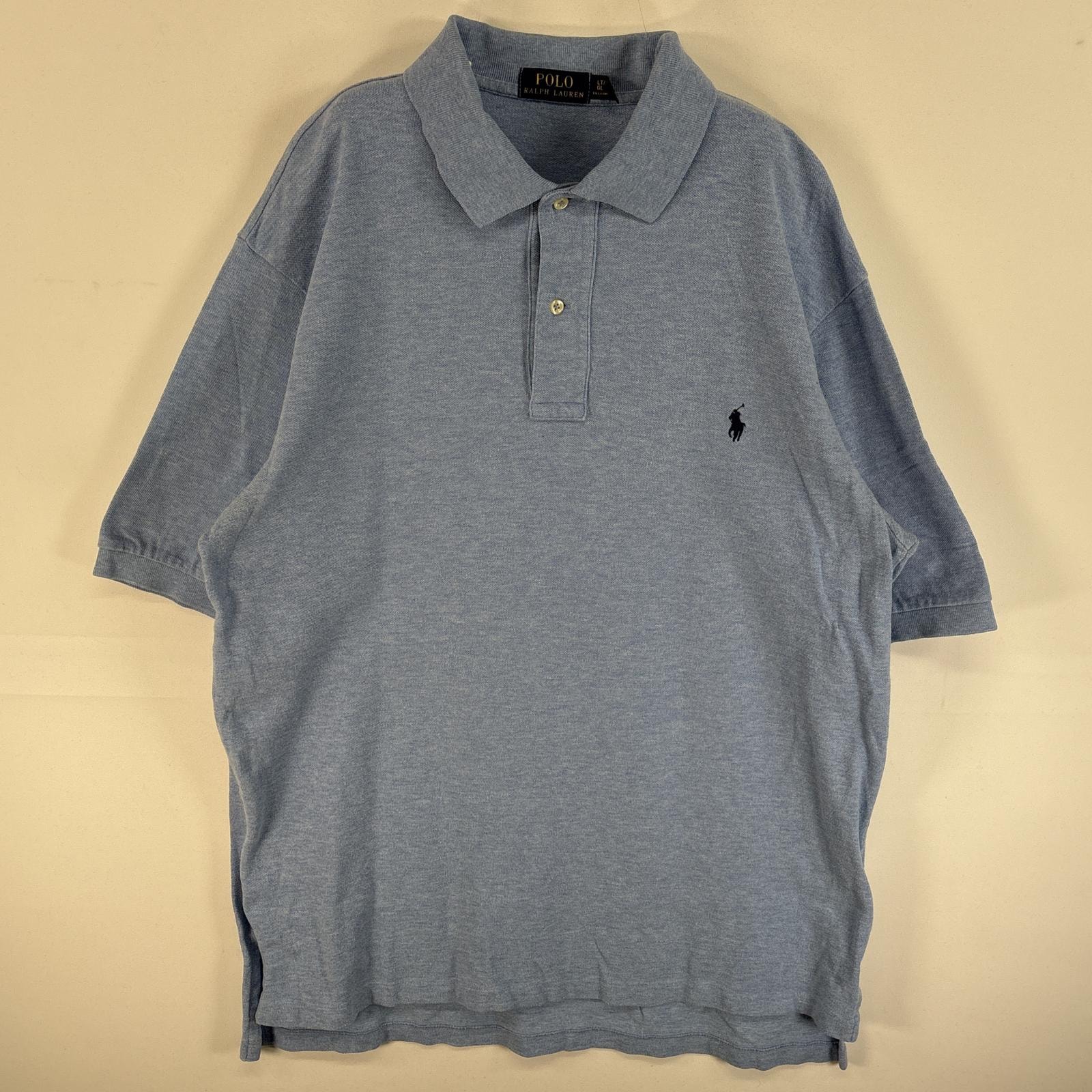 古着 ポロ・ラルフローレン POLO RALPH LAUREN 鹿の子 半袖 ポロシャツ ワンポイント ロゴ 刺繍 大きいサイズ 2ボタン LT  水色系 無地 メンズ