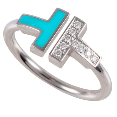 TIFFANY&Co. ティファニー ティファニーT ダイヤモンド&ターコイズ ワイヤー リング 指輪 14号 K18WG ターコイズ ダイヤモンド シルバー ブルー【中古】