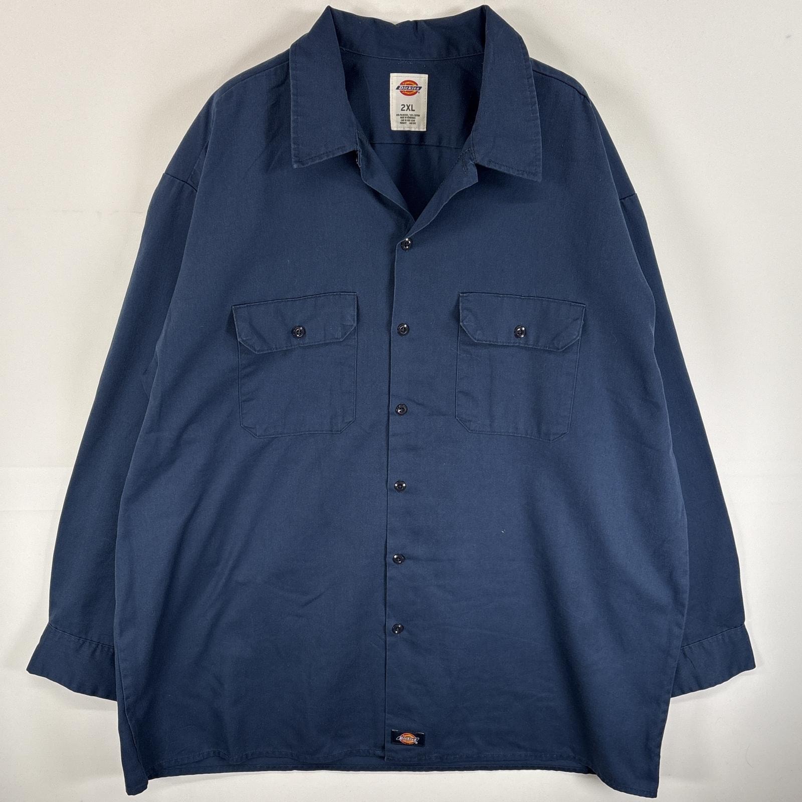 古着 ディッキーズ Dickies 長袖シャツ ワンポイント ロゴ 大きいサイズ ワークシャツ 2XL  ネイビー 無地 メンズ