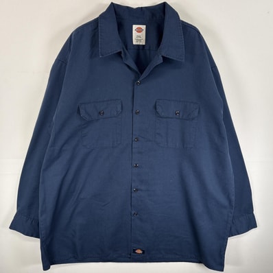 古着 ディッキーズ Dickies 長袖シャツ ワンポイント ロゴ 大きいサイズ ワークシャツ 2XL ネイビー 無地 メンズ