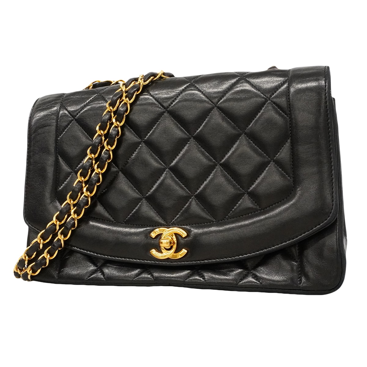 【6ge5479】シャネル ショルダーバッグ ダイアナ チェーンショルダー ラムスキン ブラック ゴールド金具【中古】レディース