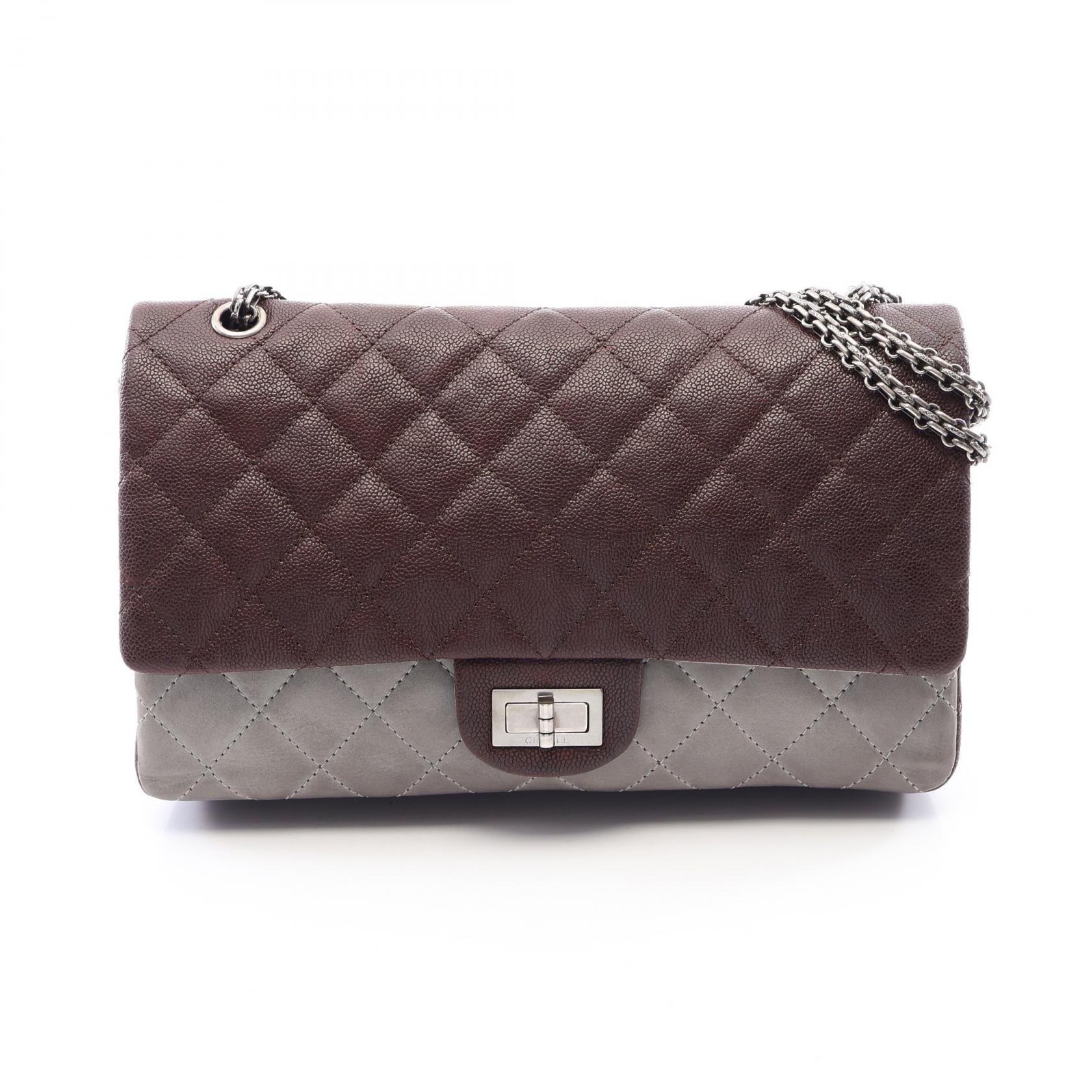 シャネル CHANEL 2.55 マトラッセ マキシ Wフラップ ショルダーバッグ バッグ キャビアスキン(グレインドカーフ) レザー レディース ボルドー系 / グレー系 【中古】