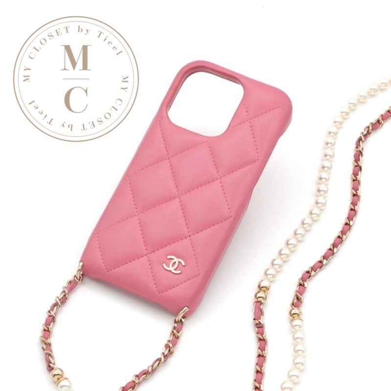 シャネル CHANEL 携帯・スマホアクセサリー ピンク ゴールド ココマーク パール マトラッセ iPhone14pro iPhoneケース チェーン
