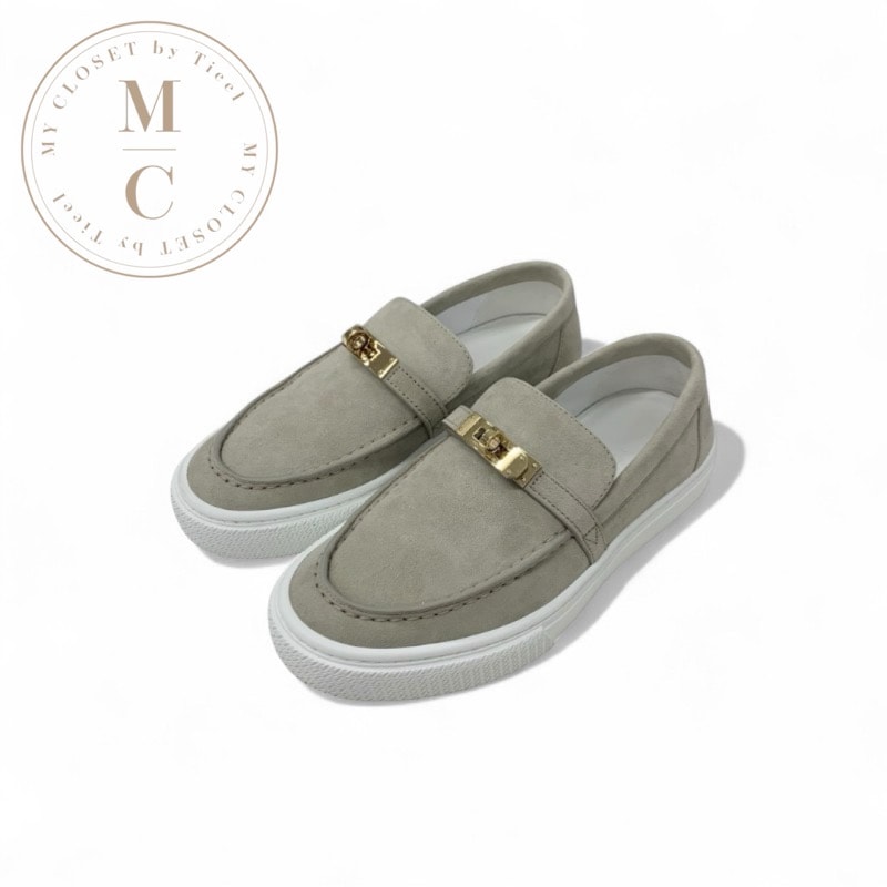 エルメス HERMES ゲーム スニーカー 靴 シューズ スエード ベージュ ピンクゴールド ケリー金具 スリッポン