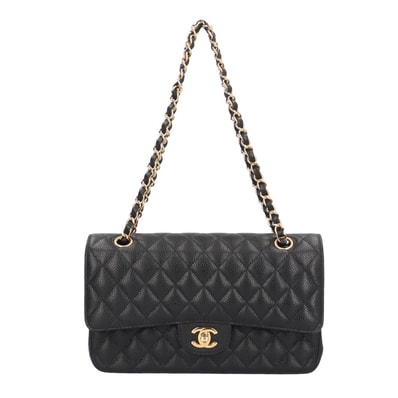 シャネル Wフラップ25 マトラッセ ショルダーバッグ キャビアスキン A01112 ブラック レディース CHANEL 中古