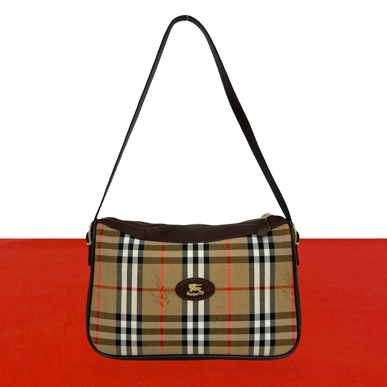 BURBERRY バーバリー ノバチェック 柄 キャンバス レザー ショルダーバッグ ブラウン
 02598