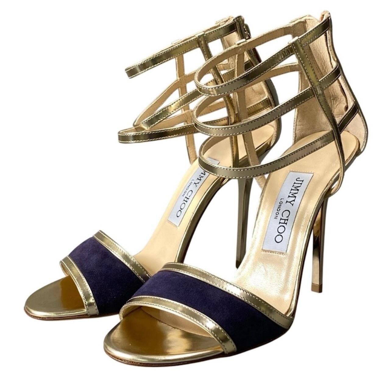 美品 JIMMY CHOO ジミーチュウ メタリックヒールサンダル スエード切替 ゴールド パテントレザー パンプス A3-00247 【中古】