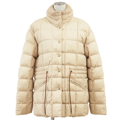 MONCLER モンクレール ショートダウンジャケット ニットカラー ANTIGONE 2024年製 ロゴ ワッペン ボタン レザードローコード スクエアキルト アウター スナップボタン付属 レディース サイズ 3 ライトベージュ ルーマニア製