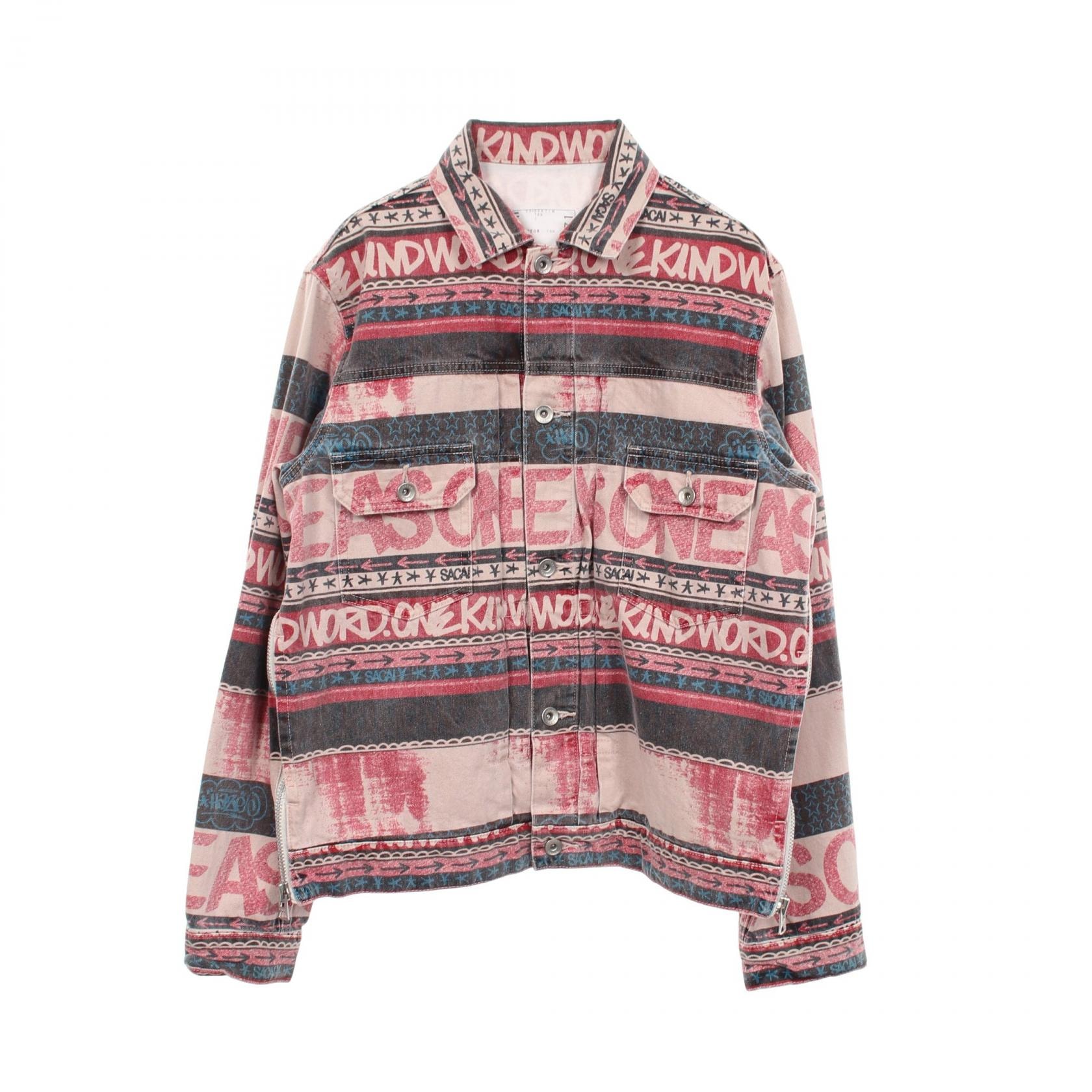 サカイ Sacai sacai × Eric Haze ヴィンテージ加工 総柄 デニムジャケット 衣料品 アウター コットン メンズ ピンク系 / マルチカラー 【中古】