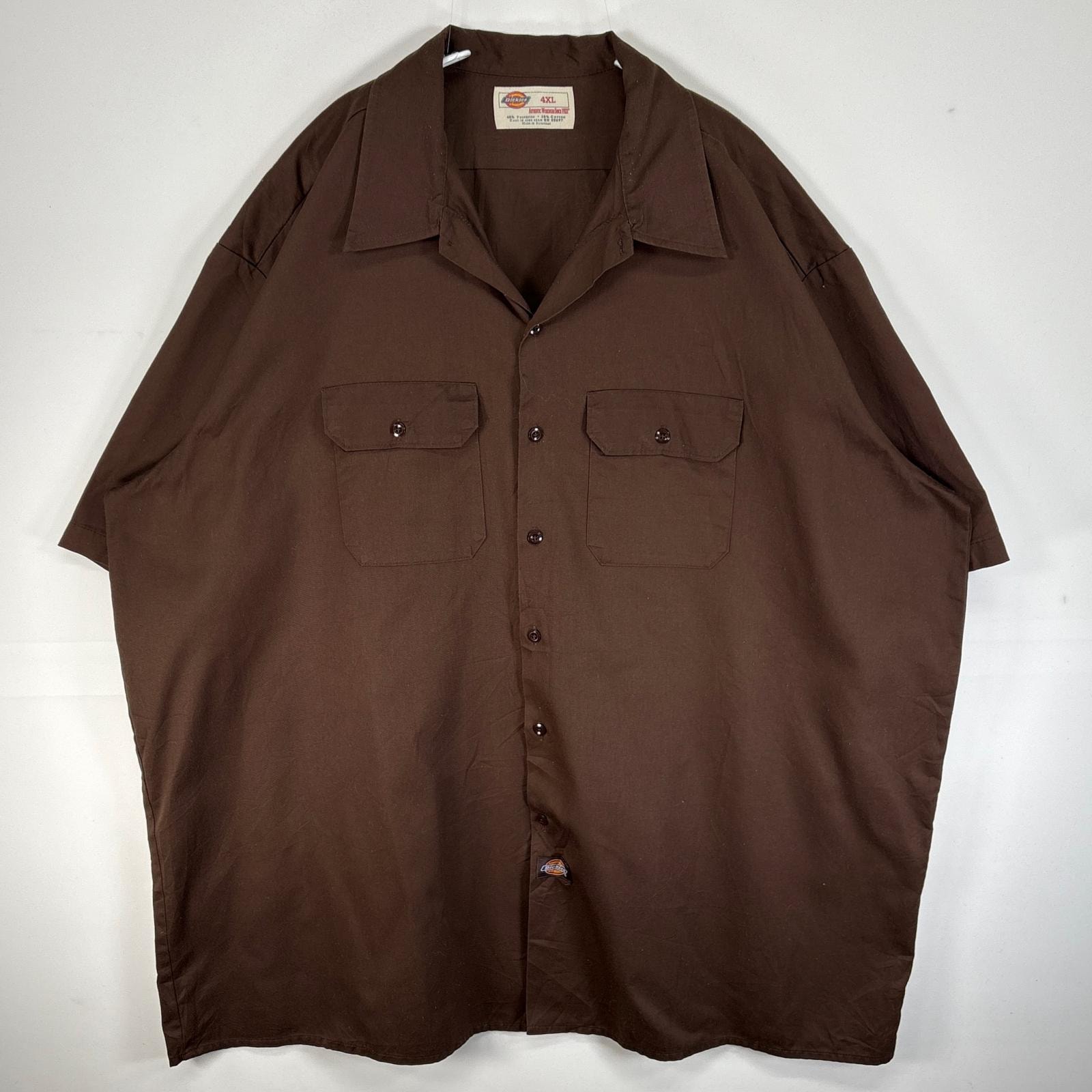 古着 ディッキーズ Dickies 半袖シャツ ワーク フラップ 作業着 大きいサイズ ワンポイント ロゴ 4XL  ブラウン 無地 メンズ