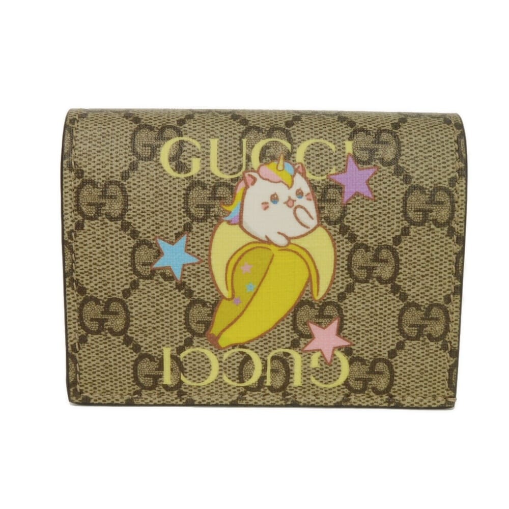 GUCCI グッチ ばなにゃ コンパクトウォレット レインボー&ハートスター ロゴ バナナ ネコ スナップボタン 札入れ カードケース コインケース 未使用 GGスプリーム ベージュ 二つ折り財布 701009 U2UAG 8679