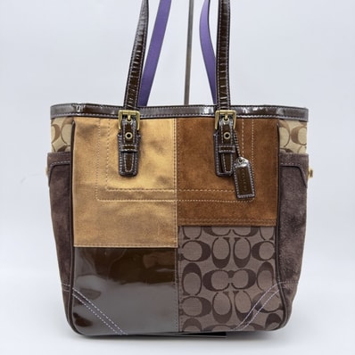 COACH(コーチ)シグネチャー パッチワーク トートバッグ ブラウン系 レザー×キャンバス