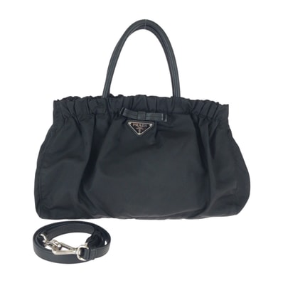 美品 PRADA プラダ テスート 三角ロゴプレート ブラック 黒 シルバー金具 ナイロン レザー/ トートバッグ ハンドバッグ ショルダーバッグ 600791 【中古】