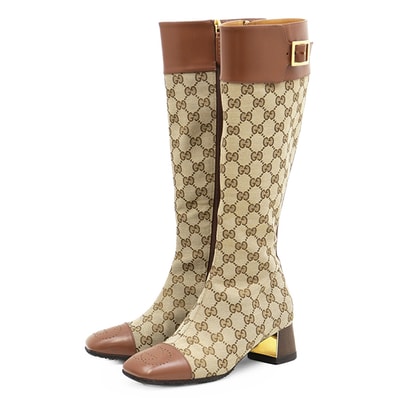 【美品】GUCCI グッチ ロングブーツ サイズ 36.5 レディース パンチング GGロゴ インターロッキング チャンキーヒール シューズ 革靴 キャメル イタリア製 678278